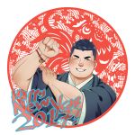 1boy 2017 bara black_hair blush chinese_zodiac clenched_hand daisukebear forearms hand_on_own_shoulder hand_up happy_new_year japanese_clothes kimono male_focus muscular muscular_male one_eye_closed original short_hair solo thick_eyebrows upper_body year_of_the_rooster 
