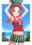  1girl ahoge arms_up beach blue_sky blurry blurry_background breasts collarbone commentary day food food-themed_hair_ornament food_print fruit green_shorts hair_flaps hair_ornament hairclip highres holding holding_food holding_fruit idolmaster idolmaster_shiny_colors komiya_kaho light_blush long_hair looking_at_viewer midriff navel ocean official_alternate_costume open_mouth osoba_susurukun outdoors pinstripe_shorts plant red_eyes red_hair red_shirt shirt shorts sky small_breasts smile solo sunglasses tank_top thighs watermelon watermelon_hair_ornament watermelon_print 