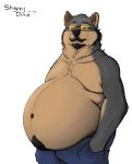  anthro belly big_belly black_sclera bottomwear canid canine canis clothed clothing eyewear facial_hair fur glasses grey_body grey_fur hi_res male mammal mature_anthro mature_male mustache overweight overweight_anthro pants sheppyduke simple_background solo three-quarter_view white_background wolf yellow_eyes 