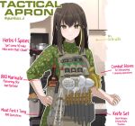  1girl apron black_hair blush brown_eyes collared_shirt cooking_pot dgkamikaze english_commentary english_text floral_print girls&#039;_frontline gloves green_hair hand_on_own_hip highres kitchen kitchen_knife long_hair looking_at_viewer m4a1_(girls&#039;_frontline) multicolored_hair sauce shirt sleeves_rolled_up smile spatula streaked_hair tongs twitter_username 