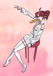  1girl abstract_background ahoge alternate_color arm_up baguette boots bread collared_shirt commentary detached_sleeves drill_hair empty_eyes expressionless food food_in_mouth full_body head_tilt highres kasane_teto looking_at_viewer looking_to_the_side on_stool outstretched_arm pink_background red_eyes red_hair shirt shoulder_tattoo sitting skirt sleeveless sleeveless_shirt solo stool tattoo thigh_boots twin_drills uotak utau v white_footwear white_shirt white_skirt white_sleeves 