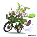  1girl :3 bicycle_basket blush closed_eyes cowlman feet_up furoshiki green_brooch green_footwear green_hair green_shorts grey_shirt hat headlight headwear_request honda long_hair low_ponytail motor_vehicle motorcycle neck_ribbon pink_ribbon puffy_shorts ribbon riding shadow shirt shoes shorts simple_background smile smoke solo spread_legs spring_onion suspender_shorts suspenders v-shaped_eyebrows vehicle_request voicevox wheelie white_background zundamon 