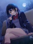  1girl a20_(atsumaru) absurdres arm_support bench black_hair black_socks blazer blue_jacket bow bowtie breasts clenched_teeth collared_shirt commentary crossed_legs english_commentary forest from_below grey_skirt grey_sweater_vest highres jacket kneehighs long_hair long_sleeves looking_at_viewer moon nature night night_sky open_clothes open_jacket original plaid plaid_skirt pleated_skirt pointing pointing_at_self red_bow red_bowtie school_uniform shirt sidelocks sitting skirt sky small_breasts smile socks solo star_(sky) sweater_vest teeth tree white_shirt yellow_eyes 