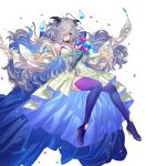  1girl ahoge bare_shoulders blue_hair boots breasts collar dress eitr_(fire_emblem) fire_emblem fire_emblem_heroes floating floating_object flower full_body gradient_clothes hair_over_one_eye high_heel_boots high_heels highres horns kippu long_hair long_sleeves medium_breasts multicolored_hair non-web_source official_art pelvic_curtain petals purple_hair red_eyes solo thigh_boots thighs transparent_background 