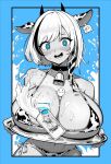  1girl animal_ears animal_print bell bikini blue_eyes breasts breasts_on_tray clickdraws cow_print cowbell cup english_commentary fake_animal_ears fake_horns highres holding holding_tray horns huge_breasts looking_at_viewer milk monochrome original short_hair spill standing swimsuit tray 