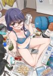  1girl alcohol bag bare_arms bare_shoulders barefoot beer_can blue_bra blue_panties bow bow_panties bra breasts brown_eyes can cleavage clothes_removed food glasses highres holding holding_can long_hair looking_at_viewer medium_breasts oogaki_chiaki panties retsumaru sitting solo underwear underwear_only yurucamp 