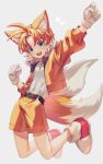  1boy absurdres bishounen blue_eyes fox_boy full_body gloves highres humanization jacket kemonomimi_mode looking_at_viewer male_child male_focus multiple_tails navel orange_fur orange_hair orange_jacket orange_shorts shirt shorts signature simple_background skin_tight smile solo sonic_(series) tail tails_(sonic) teeth two_tails upper_teeth_only white_background white_gloves white_shirt zero-go 