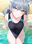  1girl animal_ear_fluff animal_ears aqua_eyes arm_support beach blue_archive blush breasts collarbone competition_swimsuit covered_navel cross_hair_ornament earrings fed_(giba) grey_hair groin hair_ornament head_tilt highres jewelry looking_at_viewer looking_up medium_breasts mismatched_pupils official_alternate_costume on_ground one-piece_swimsuit shallow_water shiroko_(blue_archive) shiroko_(swimsuit)_(blue_archive) side_ponytail sitting solo stud_earrings swimsuit two-tone_one-piece_swimsuit water wolf_ears 