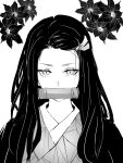  1girl bamboo bit_gag commentary_request expressionless flower gag greyscale hair_ribbon inoitoh japanese_clothes kamado_nezuko kimetsu_no_yaiba kimono monochrome portrait ribbon slit_pupils solo 