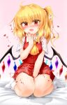  1girl :d after_sex ascot bare_legs between_legs blonde_hair blush covering covering_crotch crystal cum fang flandre_scarlet full_body hand_between_legs hand_up highres long_hair marukyuu_ameya masturbation miniskirt nail_polish no_headwear one_side_up open_mouth pink_background pleated_skirt red_eyes red_nails red_skirt simple_background sitting skirt smile socks solo sound_effects thighs touhou vest wariza wings 