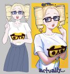 1girl absurdres blastoisenn blonde_hair blue_eyes breast_hold breasts buck_teeth commentary drill_hair emoji english_commentary english_text flying_sweatdrops glasses hand_in_own_hair highres index_finger_raised large_breasts long_skirt open_mouth original pleated_skirt shirt shirt_tucked_in skirt t-shirt teeth twin_drills 