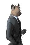  2023 absurd_res aggressive_retsuko anthro black_clothing brown_body brown_fur clothing costume eyewear fur glasses hi_res hyena jiro_haida_(aggretsuko) looking_at_viewer male mammal necktie sanrio shabi96522 shirt simple_background solo spotted_hyena suit topwear 