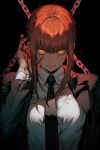  1girl ai-generated black_background black_necktie blood blunt_bangs breasts chain chainsaw_man collared_shirt formal highres large_breasts looking_at_viewer makima_(chainsaw_man) necktie red_hair saife shirt sidelocks solo suit upper_body yellow_eyes 