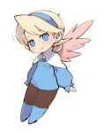  1girl angel_wings blonde_hair blue_eyes blue_footwear boots breath_of_fire breath_of_fire_iv chibi closed_mouth dress earrings feathered_wings full_body hairband highres jewelry looking_at_viewer mota nina_(breath_of_fire_iv) pantyhose short_hair simple_background smile solo very_short_hair white_background white_wings wings 