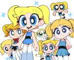  6+girls arms_behind_back black_eyes blonde_hair blue_dress blue_vest bubbles_(ppg) child closed_mouth dress goutokuji_miyako green_dress green_eyes highres kim_crab looking_at_viewer multiple_girls multiple_persona one_eye_closed open_mouth powerpuff_girls powerpuff_girls_doujinshi powerpuff_girls_z red_ribbon ribbon rolling_bubbles smile teeth thighhighs toon_(style) twintails vest white_thighhighs 