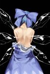  1girl back black_background blue_bow blue_dress blue_hair bow cirno clothes_pull dress dress_pull fairy from_behind hair_bow highres ice ice_wings pocche-ex short_hair simple_background solo touhou wings 