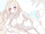 1girl absurdres animal_ears archetto_(arknights) arknights bikini blue_eyes blush breasts cleavage commentary english_commentary extra_ears groin halterneck heterochromia highres innertube lilac_(k32420276) lion_ears lion_tail looking_at_viewer lying navel on_side palm_leaf red_eyes side-tie_bikini_bottom sketch skindentation solo swimsuit tail thigh_strap thighs unfinished wet white_bikini 