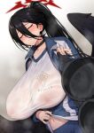  1girl absurdres black_bra black_choker black_hair black_wings blue_archive blush bra breasts choker closed_eyes closed_mouth covered_nipples feathered_wings gym_shirt gym_uniform halo hasumi_(blue_archive) hasumi_(track)_(blue_archive) highres holding holding_bra holding_clothes holding_underwear huge_breasts jacket long_hair mole mole_under_eye navel official_alternate_costume red_halo see-through see-through_shirt shirt solo track_jacket try_(lsc) underwear unworn_bra very_long_hair wet wet_clothes wet_shirt white_shirt wings 