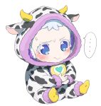  ... 1girl animal_costume animal_ears animal_print baby blue_eyes blue_hair blush closed_mouth colored_eyelashes commentary_request cow_costume cow_ears cow_horns cow_print fake_animal_ears fake_horns fur-trimmed_hood fur_trim furrowed_brow headphones heart hood hood_up horns janis_(pripara) long_sleeves looking_at_viewer moudoku_(decopon3rd) nervous own_hands_together pretty_(series) pripara short_hair sitting socks solo speech_bubble spoken_ellipsis sweatdrop white_background yellow_socks 