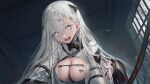  1girl :d black_pants blood blood_on_face breasts cleavage commentary_request copyright_request day grey_eyes grey_hair hair_between_eyes headgear highres indoors jacket koi_han large_breasts long_hair looking_at_viewer pants smile solo very_long_hair white_jacket window 