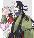  1boy ? ashiya_douman_(fate) asymmetrical_hair black_hair curly_hair earrings fate/grand_order fate_(series) fingernails green_kimono hadanugi_dousa hair_between_eyes holding japanese_clothes jewelry kimono long_hair magatama magatama_earrings male_focus multicolored_hair saint_quartz_(fate) seum_(kao_husband) sharp_fingernails solo split-color_hair spoken_question_mark two-tone_hair underpec upper_body very_long_hair white_hair 