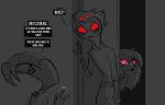  anthro avian bird blitzo_(helluva_boss) daughter dialogue eye_contact eyewear father father_and_child father_and_daughter female gesture glasses grey_background group hair helluva_boss hi_res horn imp long_hair looking_at_another male octavia_(helluva_boss) owl owl_demon parent parent_and_child pink_eyes red_eyes short_hair simple_background speech_bubble stolas_(helluva_boss) teathekook text trio wave waving waving_hand white_text 
