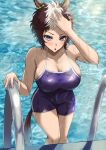  1girl :o absurdres animal_ears arm_up azuki_(azuki_azukki) bare_shoulders blue_eyes blue_one-piece_swimsuit blush breasts brown_hair cleavage collarbone commentary_request competition_school_swimsuit cowboy_shot ear_ornament ear_piercing earrings feet_out_of_frame halterneck hand_on_own_head highres horse_ears horse_girl horse_tail jewelry large_breasts lens_flare looking_at_viewer mejiro_ryan_(umamusume) messy_hair multicolored_hair multiple_earrings official_alternate_costume one-piece_swimsuit parted_lips partial_commentary piercing pool pool_ladder school_swimsuit sideboob single_vertical_stripe solo standing straight-on streaked_hair swimsuit tail tail_through_clothes thighs tomboy tracen_swimsuit two-tone_hair umamusume v-shaped_eyebrows wading water wet wet_clothes wet_hair wet_swimsuit white_hair 