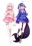  2girls :p alternate_color bam_89 black_hair blue_collar blue_jacket blue_skirt blush breasts cetacean_tail collar cosplay fins fish_tail frilled_skirt frills highres honey_churros indie_virtual_youtuber jacket large_breasts long_hair long_sleeves looking_at_viewer multicolored_hair multiple_girls necktie orca_girl pink_eyes pink_hair pink_skirt purple_eyes red_necktie school_uniform see-through see-through_cleavage see-through_shirt shylily shylily_(1st_costume) shylily_(cosplay) skirt streaked_hair tail tongue tongue_out virtual_youtuber whale_girl white_hair 