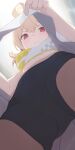  1girl black_shorts blonde_hair blue_archive blush bra closed_mouth from_below hair_ornament halo highres hiroki_(yyqw7151) kotori_(blue_archive) looking_at_viewer looking_down red_eyes shorts skirt solo sports_bra tearing_up underwear white_background white_skirt yellow_halo 