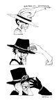  aged_down black_gloves black_hair clenched_teeth commentary_request crying fingernails gloves greyscale hat highres long_sleeves male_child monkey_d._luffy monochrome nata_kokone one_piece out_of_frame outstretched_hand sabo_(one_piece) short_hair straw_hat streaming_tears tears teeth top_hat translation_request twitter_username white_background 