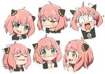  1girl :d absurdres ahoge anya&#039;s_heh_face_(meme) anya_(spy_x_family) black_dress blush child cone_hair_bun dress green_eyes green_hair hair_bun hairpods highres meme mugi0913 multiple_views pink_hair simple_background smile smug solo spy_x_family upper_body white_background 