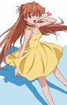  1girl blue_eyes blush brown_hair choker dress highres interface_headset kura_rart long_hair looking_at_viewer neon_genesis_evangelion solo souryuu_asuka_langley sundress two_side_up yellow_dress 