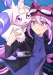  1girl 1other absurdres black_jacket breasts digimon digimon_(creature) digimon_story:_sunburst_and_moonlight digivice goggles goggles_on_head goggles_on_headwear hat highres jacket long_hair lunamon open_clothes open_jacket open_mouth purple_eyes purple_hair purple_shirt sayo_(digimon) shingetsu_(doru0222) shirt small_breasts upper_body 