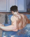  1boy back black_hair facing_away highres in_water indoors jewelry male_focus muscular muscular_male myeong necklace original pool short_hair solo tile_floor tiles upper_body water 