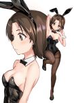  1girl absurdres animal_ears black_bow black_bowtie black_leotard black_pantyhose bow bowtie breasts brown_eyes brown_hair detached_collar full_body girls_und_panzer highres lazurite_(user_8870367) leotard multiple_views pantyhose playboy_bunny rabbit_ears sawa_azusa short_hair simple_background small_breasts standing strapless strapless_leotard thighband_pantyhose upper_body v_over_eye white_background wrist_cuffs 