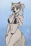  absurd_res bikini bikini_bottom bikini_top blue_eyes canid canine canis clothing female hi_res humanoid hyrat mammal snow solo swimwear wolf 