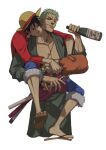  2boys alcohol artist_name black_hair boned_meat bottle closed_mouth drink food full_body green_hair hat holding holding_bottle holding_food katana meat monkey_d._luffy multiple_boys one_eye_closed one_piece open_clothes roronoa_zoro sandals scar scar_across_eye scar_on_chest scar_on_face short_hair sid_(skxviii) simple_background straw_hat sword veins weapon white_background 