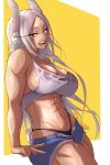  1girl abs absurdres animal_ears bare_shoulders black_panties boku_no_hero_academia breasts cleavage commission dark-skinned_female dark_skin denim denim_shorts english_commentary highleg highleg_panties highres large_breasts long_eyelashes long_hair looking_at_viewer mirko mixed-language_commentary muscular muscular_female navel open_fly open_mouth panties parted_bangs pixiv_commission rabbit_ears rabbit_girl rabbit_tail red_eyes shirt short_shorts shorts skindentation smile solo sora_raion spanish_commentary sports_bra stomach sweat sweaty_clothes tail teeth thighs twitter_username underwear v very_long_hair wet wet_clothes wet_shirt white_hair white_sports_bra 