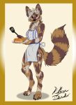  african_wild_dog anthro apron apron_only canid canine clothing colored deerwalker female flat_colors food green_eyes hi_res kittensnark mammal markings mostly_nude mottled neck_tuft no_shading pancake simple_background solo striped_markings striped_tail stripes tail tail_markings tuft 
