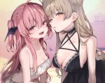  2girls bare_shoulders bat_wings breasts brown_hair choker cleavage cone_hair_bun dress enomoto_nao fang frilled_choker frills hair_bun head_wings heads_together indie_virtual_youtuber kokon_amane kurumi_huyu large_breasts multiple_girls nightgown open_mouth pink_eyes pink_hair sideboob skin_fang skirt small_breasts two_side_up wings yellow_eyes 