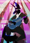  anthro black_body black_bottomwear black_clothing black_ears black_jacket black_pants black_tail black_topwear bottomwear clothed clothing guitar hi_res horn jacket lionfloof male musical_instrument open_mouth pants playing_guitar playing_music plucked_string_instrument simple_eyes sitting solo string_instrument tail teeth topwear white_clothing white_horn white_topwear wine_bottle 