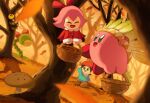  2girls adeleine autumn autumn_leaves basket black_hair colored_skin copy_ability falling_leaves geromazudake highres holding holding_basket kirby kirby_(series) leaf leo_taranza looking_at_another multiple_girls mushroom needlous open_mouth pink_hair pink_skin red_headwear red_ribbon ribbon ribbon_(kirby) smile snoozroot solid_oval_eyes wing_kirby 