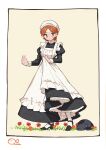  1girl animal apron black_cat cat clothes_lift dress dress_lift flower green_eyes looking_down maid maid_apron maid_headdress okakasushi orange_hair original short_hair simple_background solo standing 