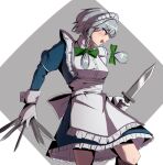  absurdres bow braid breasts commentary green_bow grey_background grey_hair hair_bow highres holding holding_knife izayoi_sakuya knife long_sleeves maid maid_headdress medium_hair open_mouth solo strong_anus touhou twin_braids 