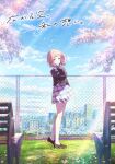  1girl absurdres bench blue_sky blush chain-link_fence cherry_blossoms cloud copyright copyright_name falling_petals fence floating_hair full_body grass highres idolmaster idolmaster_shiny_colors key_visual light_brown_hair light_rays light_smile loafers looking_at_viewer looking_to_the_side official_art outdoors petals plaid plaid_skirt pleated_skirt promotional_art sakuragi_mano school_uniform shoes skirt sky socks solo translation_request white_socks 