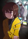  1girl absurdres ahoge animal_collar brown_hair collar creature dragon familiar highres hood hoodie huge_ahoge kuu_(under_night_in-birth) linne purple_eyes short_hair touniyuu under_night_in-birth upper_body yellow_hoodie 