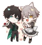  2boys :&lt; ;d animal_ears apron aqua_eyes back_bow black_dress black_footwear black_hair black_jacket black_necktie black_pants black_socks black_suit blush bow caelus_(honkai:_star_rail) cat_ears chibi closed_mouth collared_shirt cropped_jacket crossdressing dan_heng_(honkai:_star_rail) dress earrings eyes_visible_through_hair fake_animal_ears frilled_apron frilled_dress frills green_vest grey_footwear grey_hair hand_on_own_hip hand_up heart heart_hands highres honkai:_star_rail honkai_(series) jacket jewelry lapels legs_apart long_sleeves looking_at_viewer maid maid_apron maid_headdress male_focus male_maid multiple_boys necktie one_eye_closed open_mouth orange_eyes otoko_no_ko pants plate puffy_short_sleeves puffy_sleeves shirt shoes short_hair short_sleeves simple_background smile socks suit tailcoat three-piece_suit trailblazer_(honkai:_star_rail) tuku2 vest white_apron white_background white_bow white_shirt 