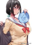 1girl aqua_bow aqua_eyes artist_name black_hair blue_bra blush bow bowtie bra breasts cardigan cleavage closed_mouth commentary_request double-parted_bangs from_side grey_cardigan highres holding holding_bra holding_clothes holding_underwear large_breasts long_hair looking_afar looking_ahead low-tied_long_hair potassium_oh red_bow red_bowtie removing_bra removing_bra_under_shirt sanshuu_middle_school_uniform school_uniform signature simple_background solo sweatdrop sweater_vest tougou_mimori twitter_username underwear upper_body white_background yellow_sweater_vest yuuki_yuuna_wa_yuusha_de_aru yuusha_de_aru 