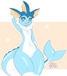  ambiguous_gender anthro biped blep blue_body blue_eyes blush eeveelution fin finley_(toxicmilkyx) front_view generation_1_pokemon hand_behind_head hi_res looking_at_viewer nintendo pokemon pokemon_(species) simple_background solo tongue tongue_out toxicmilkyx vaporeon 