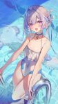  1girl alternate_costume amane_kanata angel_wings asymmetrical_hair axolotl blue_choker blue_hair blush breasts choker cleavage collarbone commentary covered_navel fang feet_out_of_frame frilled_one-piece_swimsuit frills from_above grey_hair hair_between_eyes hair_bun halterneck highres hololive long_hair looking_at_viewer low_wings multicolored_hair one-piece_swimsuit open_mouth pink_hair pool poolside purple_eyes ripples see-through_silhouette shuri_(84k) single_hair_intake single_side_bun skin_fang small_breasts smile solo standing star_(symbol) star_choker streaked_hair swimsuit twitter_username virtual_youtuber wading wet white_one-piece_swimsuit wings 